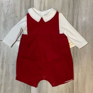 NWT Sophie & Lucas Red Velvet Shortall & White Embroidered Shirt Set boys 3M